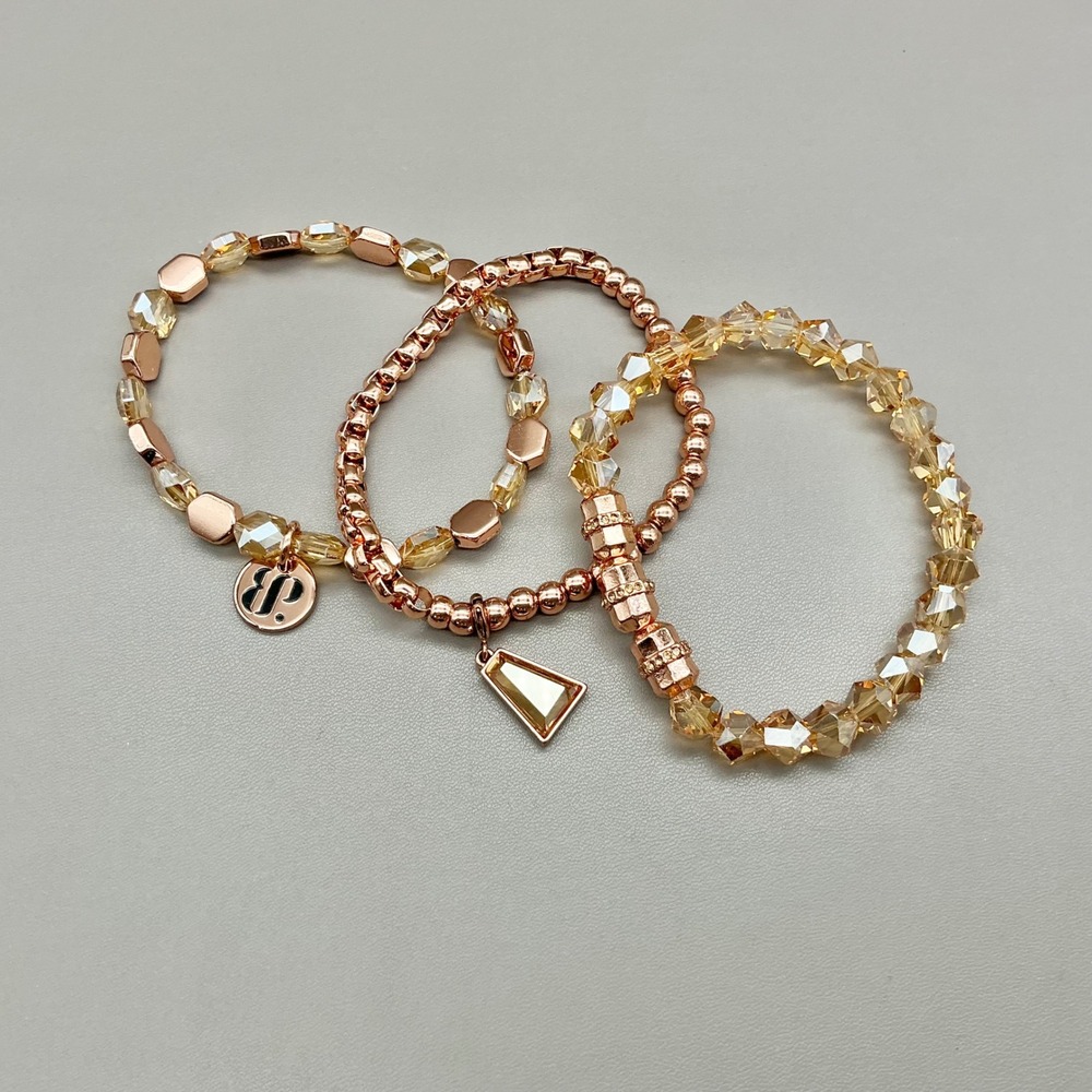 Bomb Party Bracelet Stack Womens Rose Gold Plated Champagne Crystal Beaded Set